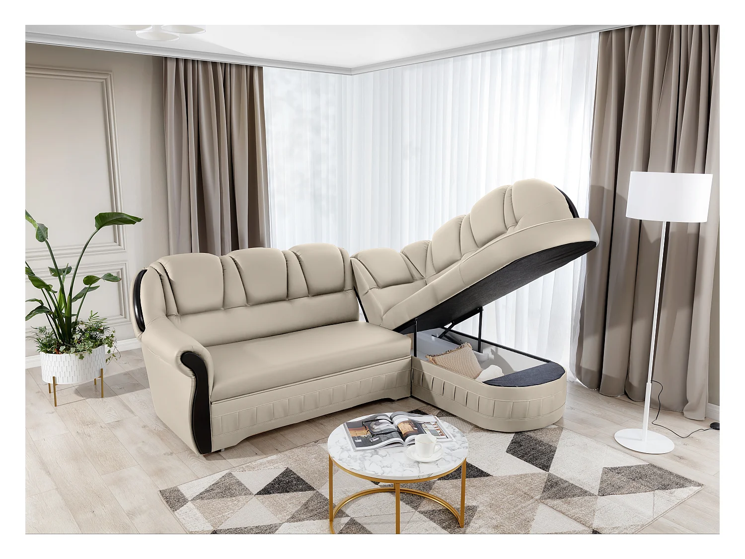 Canapé d'angle convertible avec rangement en simili cuir Majesté-Marron-angle gauche