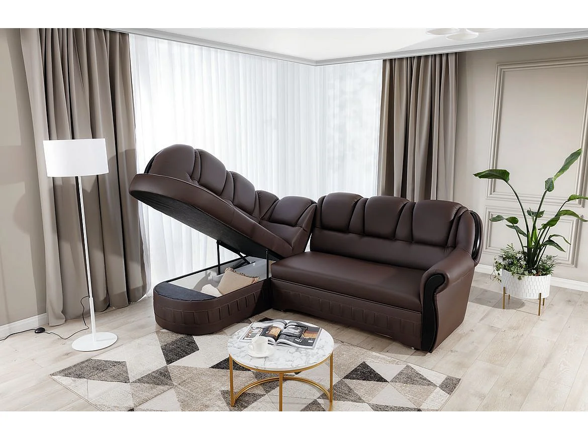 Canapé d'angle convertible avec rangement en simili cuir Majesté-Marron-angle gauche