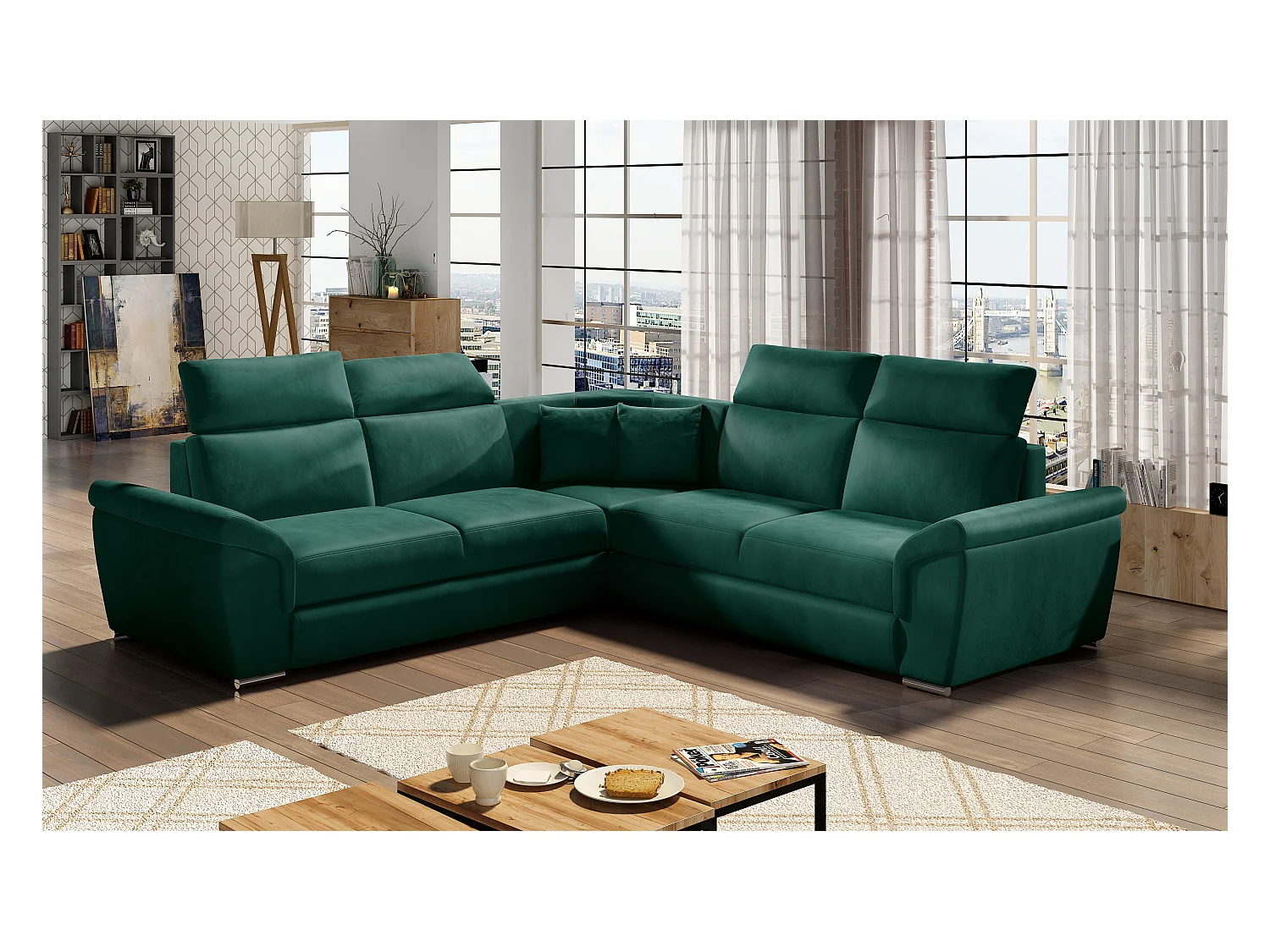 Canapé d'angle réversible et convertible velours Neo - Pieds acier chromé-Vert