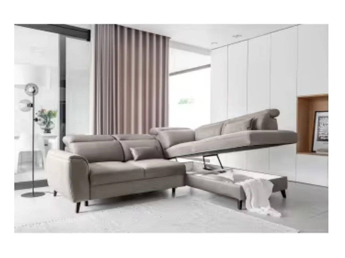 Canapé d'angle convertible avec rangement velours NOBLESSE - Pieds bois noir-Gris taupe-angle droit