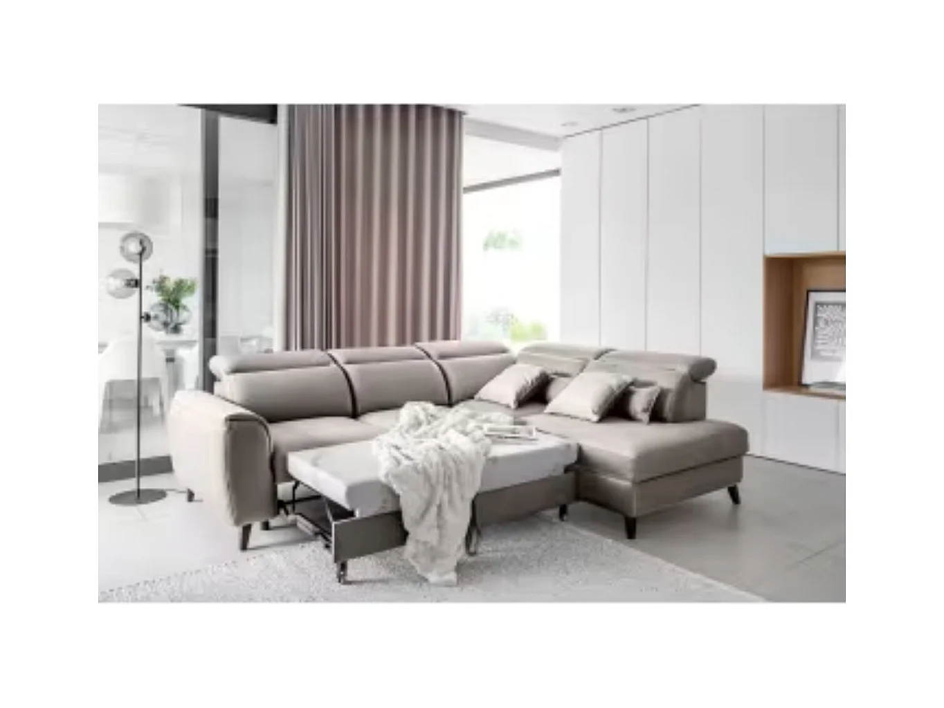 Canapé d'angle convertible avec rangement velours NOBLESSE - Pieds bois noir-Gris taupe-angle droit