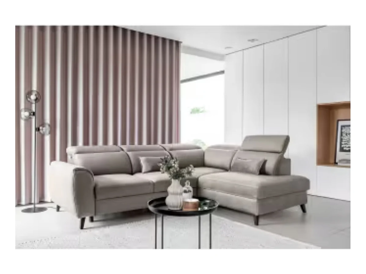 Canapé d'angle convertible avec rangement velours NOBLESSE - Pieds bois noir-Gris taupe-angle droit