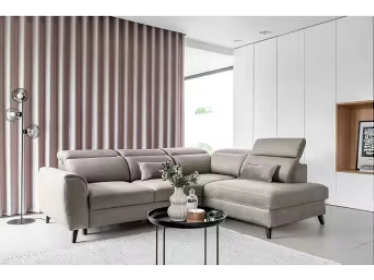 Canapé d'angle convertible avec rangement velours NOBLESSE - Pieds bois noir-Gris taupe-angle droit