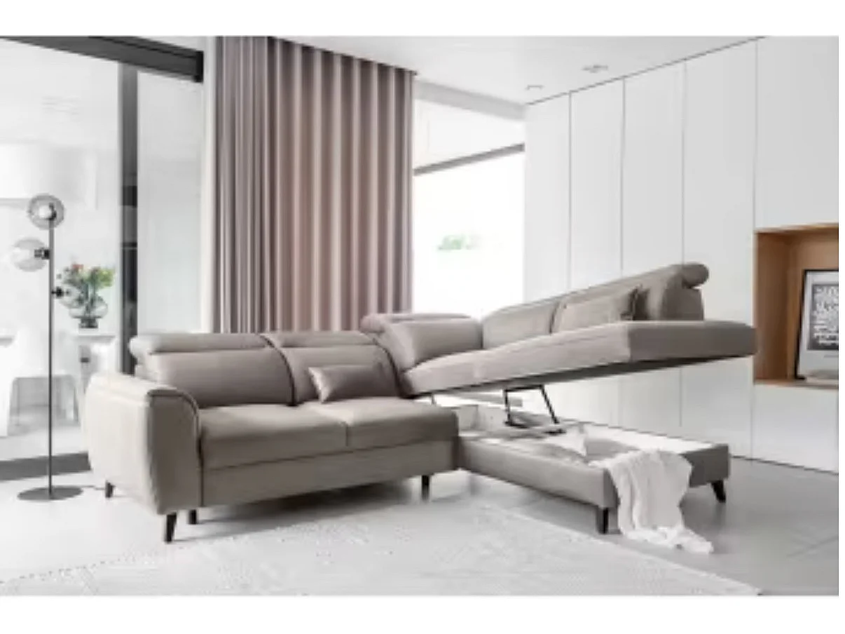 Canapé d'angle convertible avec rangement velours NOBLESSE - Pieds bois noir-Gris taupe-angle droit