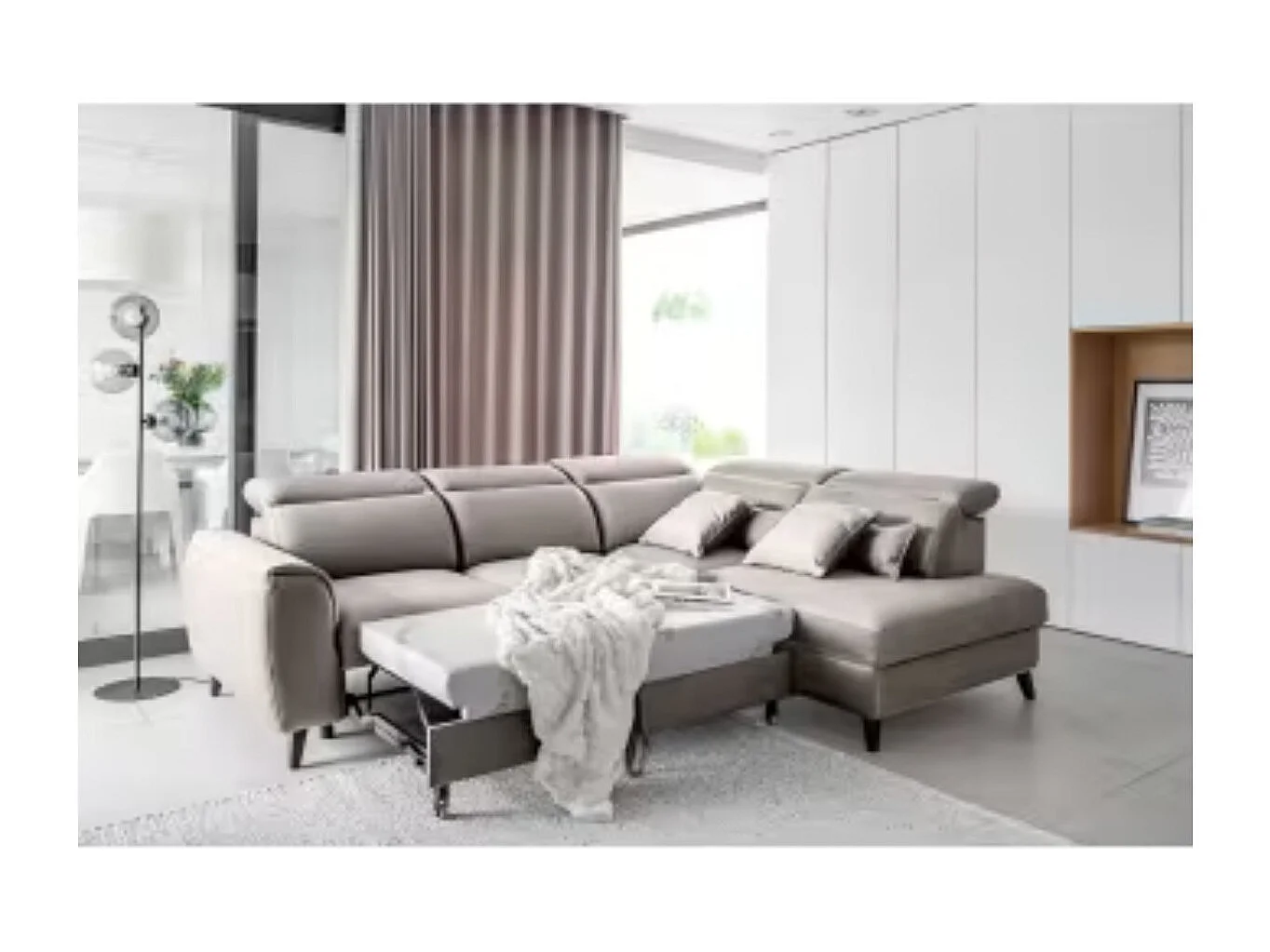 Canapé d'angle convertible avec rangement velours NOBLESSE - Pieds bois noir-Gris taupe-angle droit