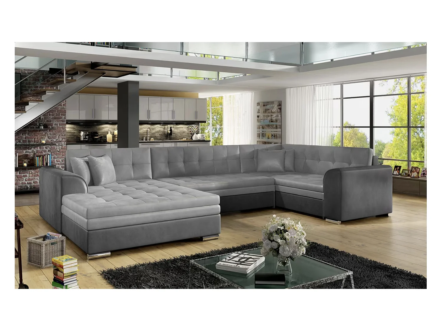 DIANO fluwelen panoramische slaapbank-Kleur Lichtgrijs/grijs-Dagbed Naar links