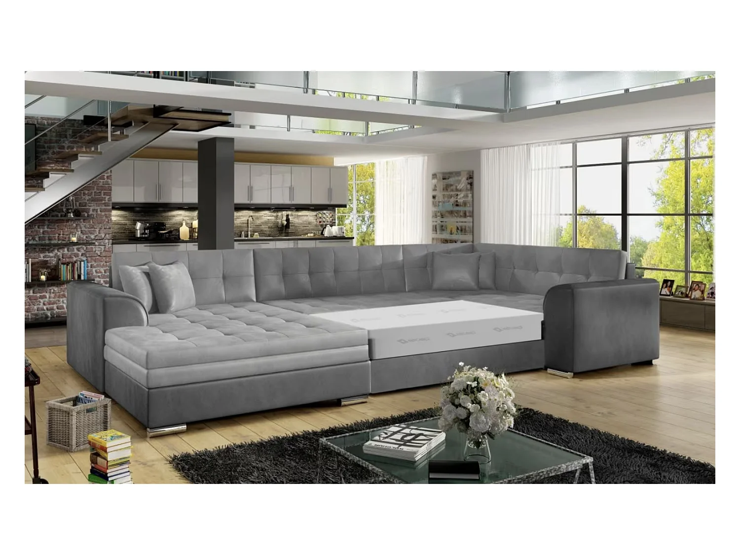 DIANO fluwelen panoramische slaapbank-Kleur Lichtgrijs/grijs-Dagbed Naar links