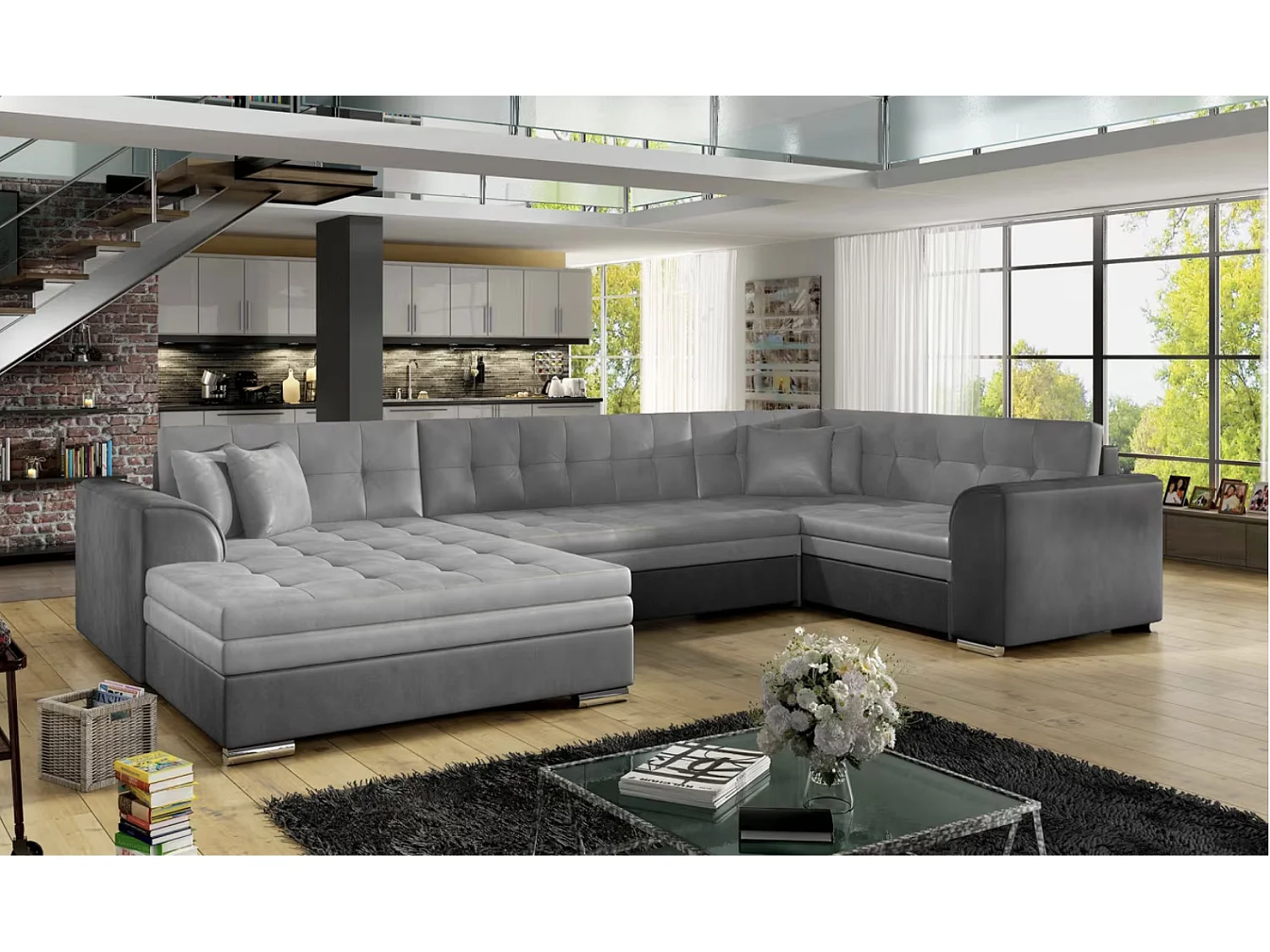 Canapé panoramique convertible DIANO velours-Gris clair/Gris-Méridienne A gauche