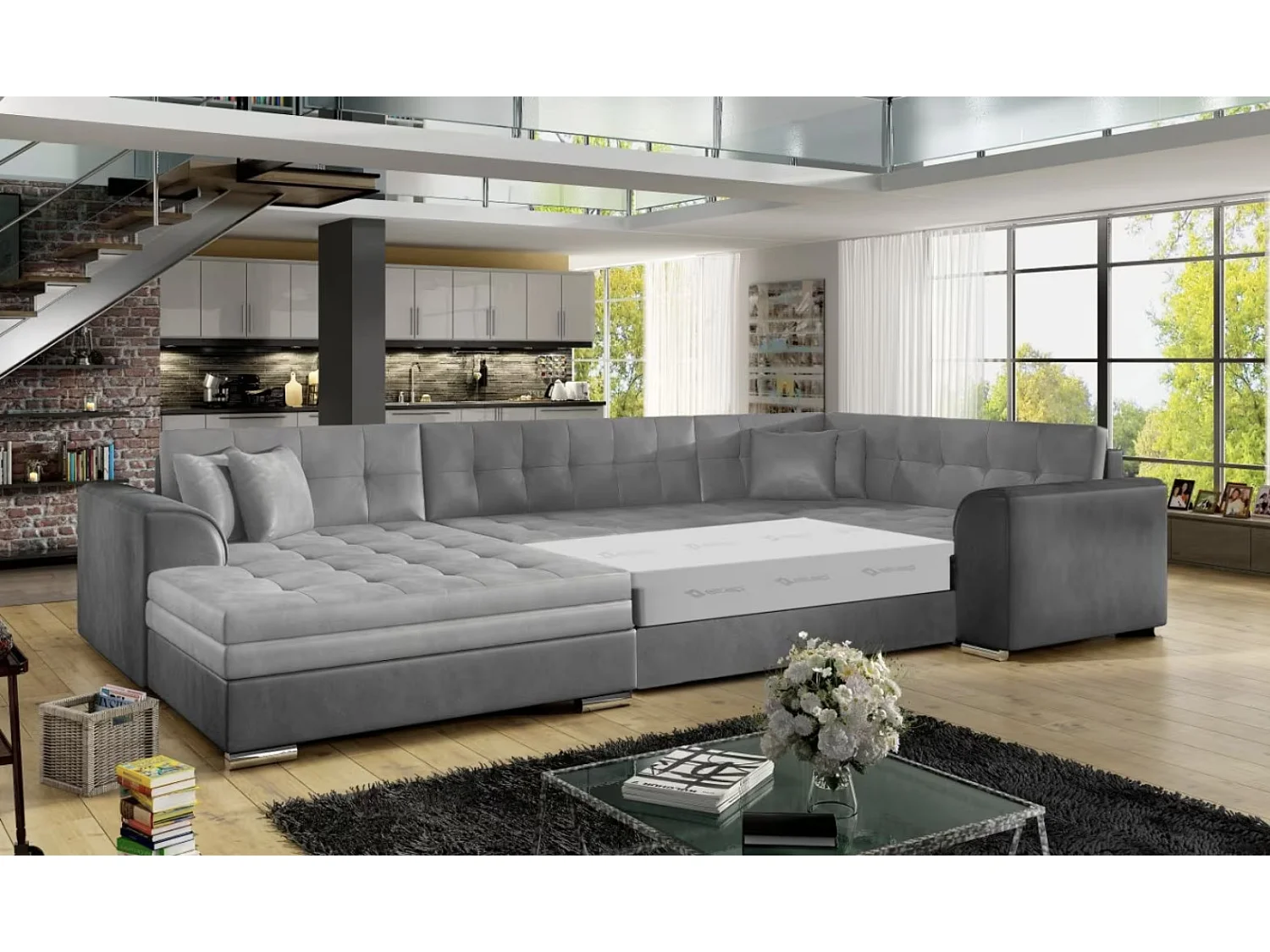 Canapé panoramique convertible DIANO velours-Gris clair/Gris-Méridienne A gauche