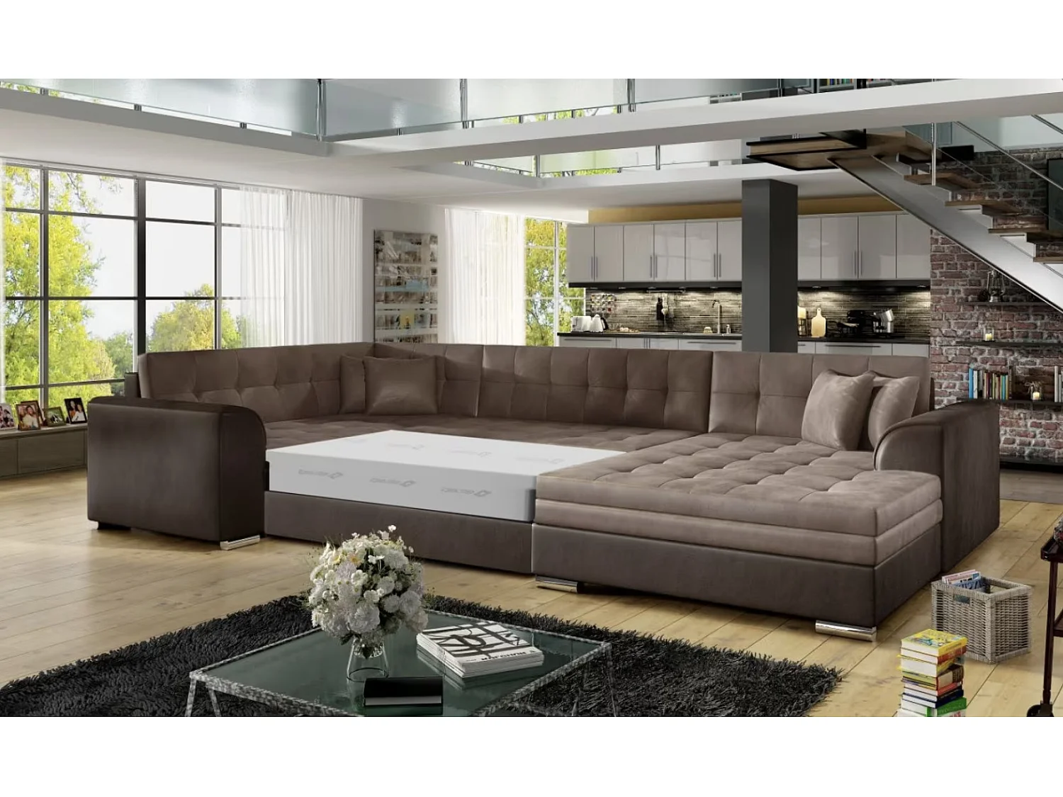 Canapé panoramique convertible DIANO velours-Gris clair/Gris-Méridienne A gauche