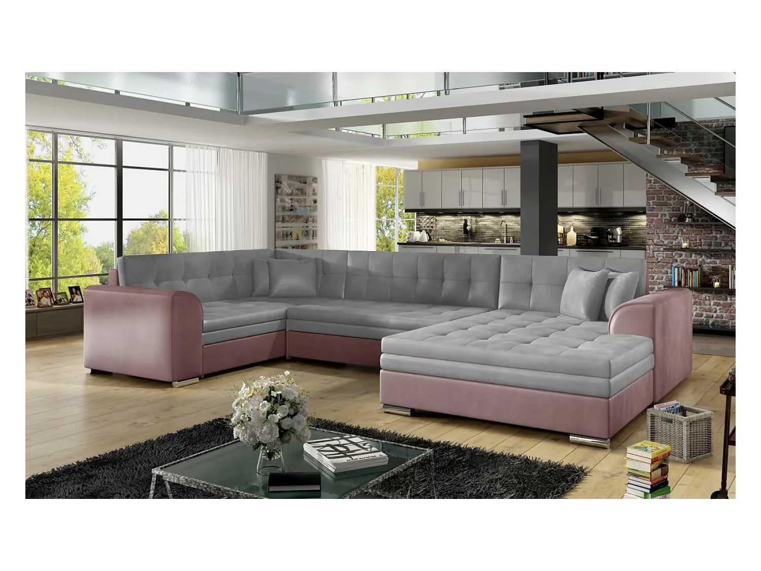 Canapé panoramique convertible DIANO velours-Rose/Gris clair-Méridienne A droite