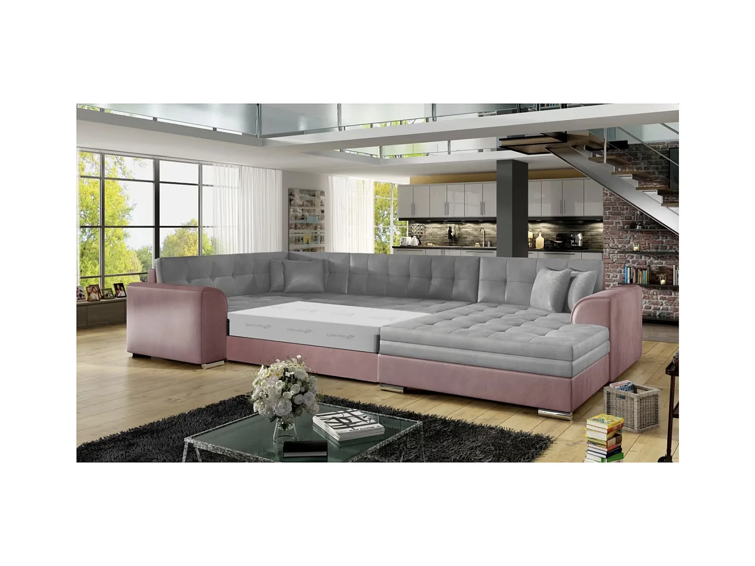 Canapé panoramique convertible DIANO velours-Rose/Gris clair-Méridienne A droite