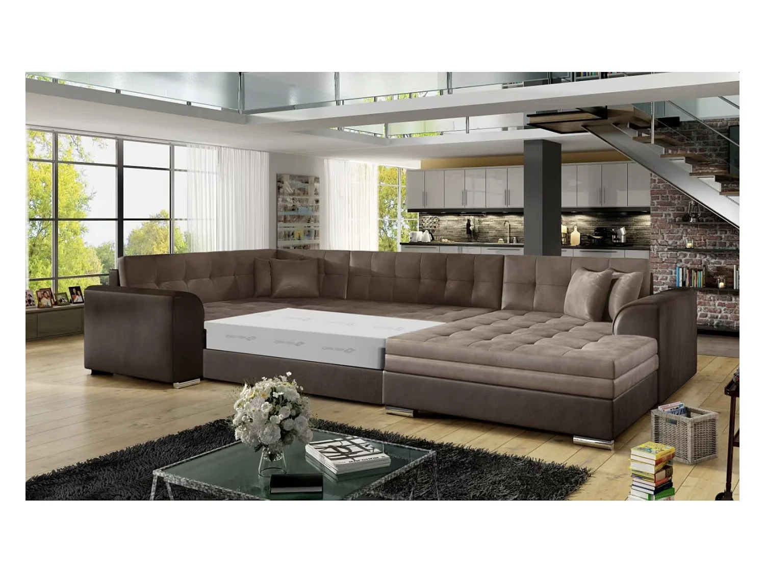 Canapé panoramique convertible DIANO velours-Rose/Gris clair-Méridienne A droite