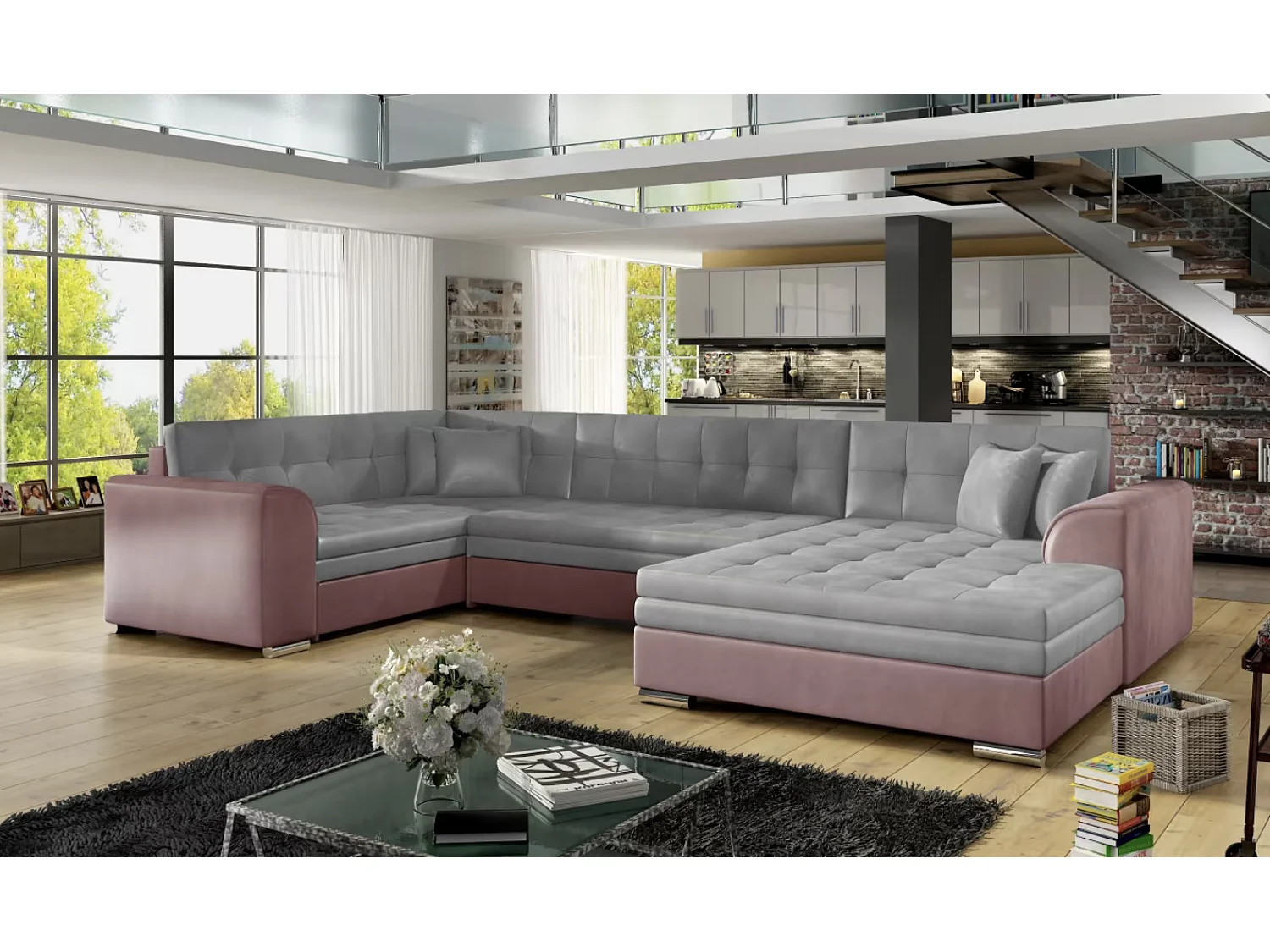 Canapé panoramique convertible DIANO velours-Rose/Gris clair-Méridienne A droite