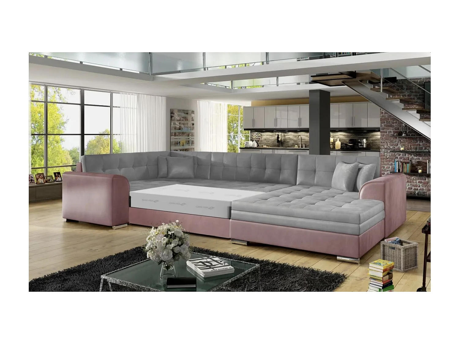 Canapé panoramique convertible DIANO velours-Rose/Gris clair-Méridienne A droite