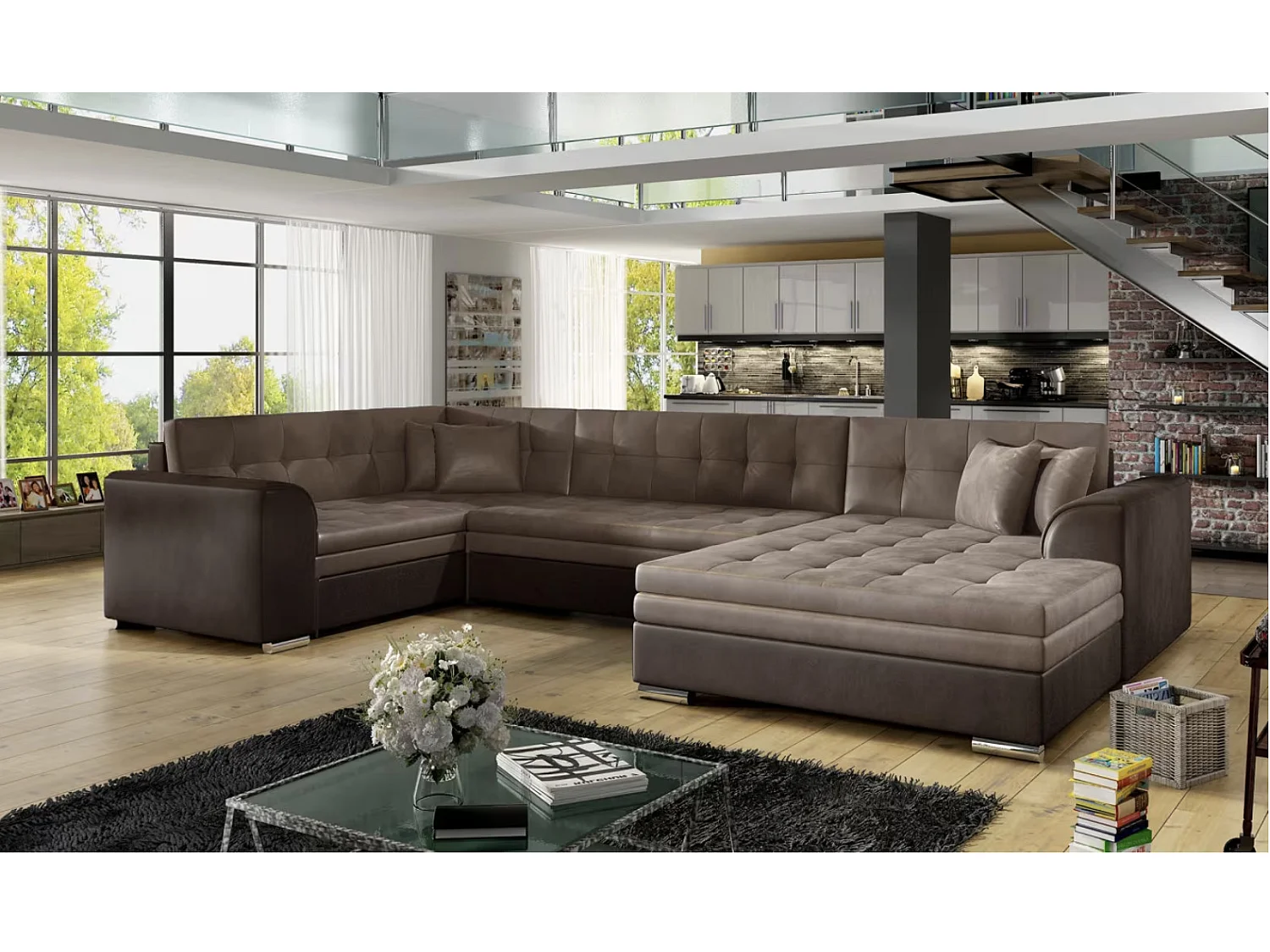 Canapé panoramique convertible DIANO velours-Rose/Gris clair-Méridienne A droite