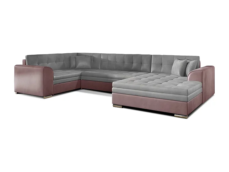 Canapé panoramique convertible DIANO velours-Rose/Gris clair-Méridienne A droite
