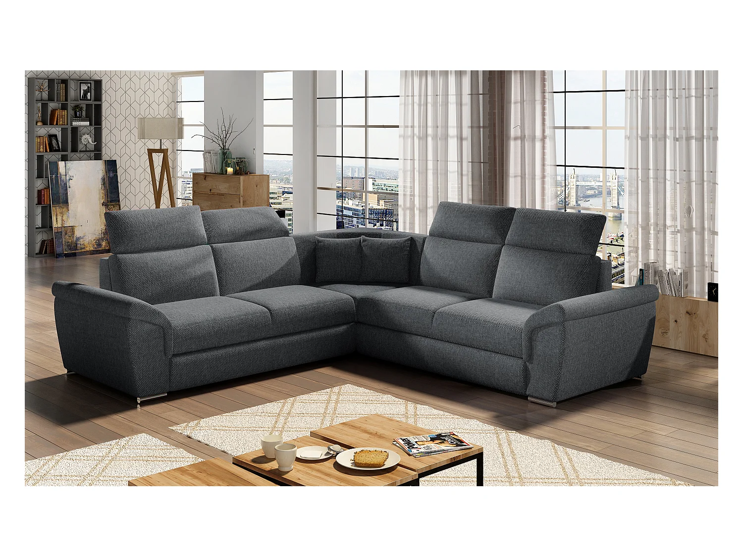 Canapé d'angle réversible et convertible tissu Neo - Pieds acier chromé-Gris foncé