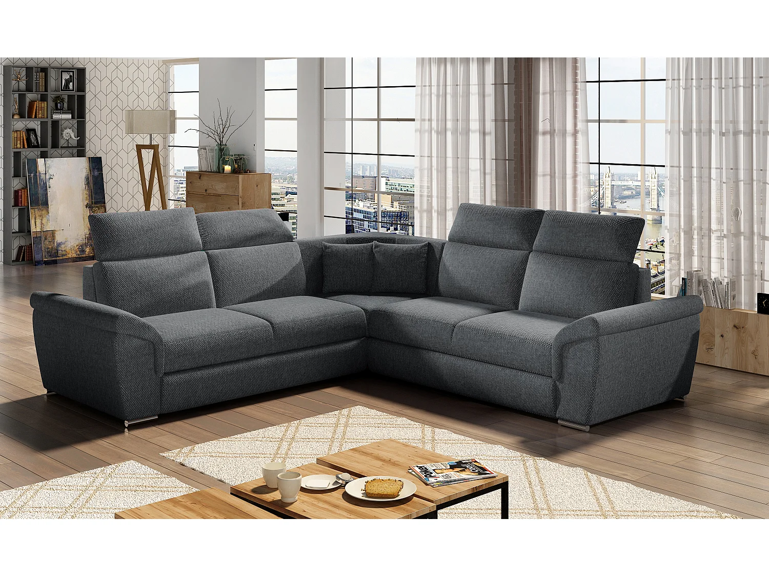 Canapé d'angle réversible et convertible tissu Neo - Pieds acier chromé-Gris foncé