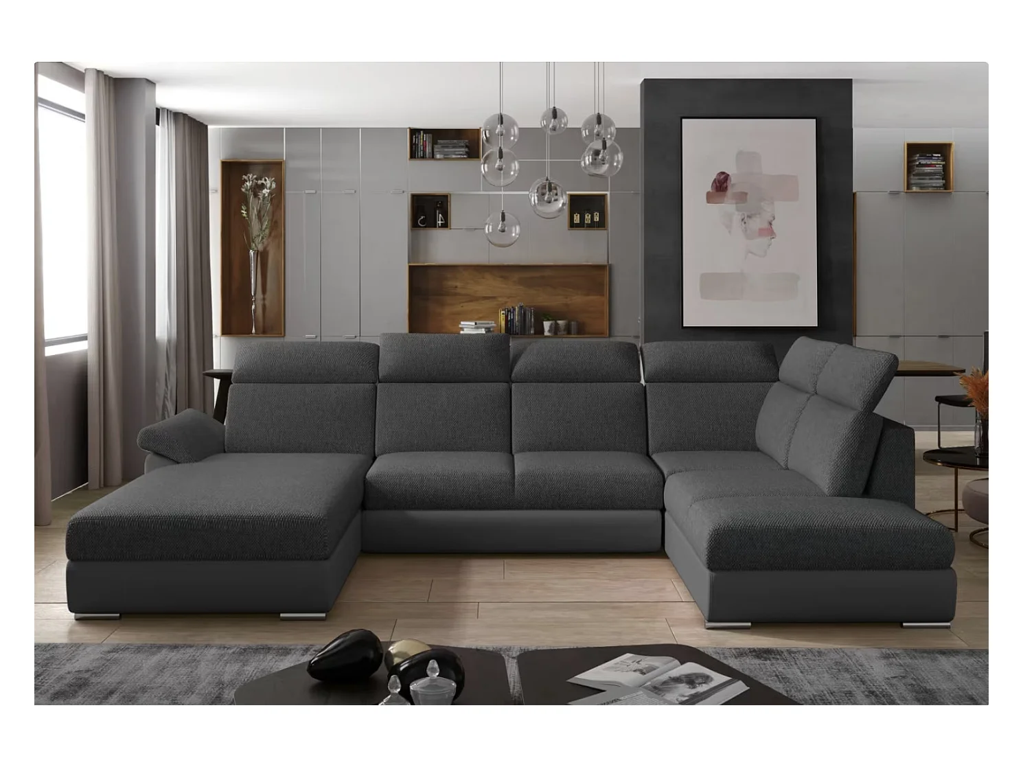 Canapé Convertible Panoramique LEVANO Tissu et Simili Cuir, Têtières-Gris/Gris chiné-Coffre à gauche