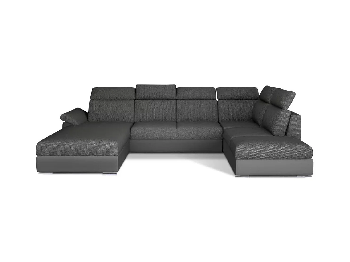 Canapé Convertible Panoramique LEVANO Tissu et Simili Cuir, Têtières-Gris/Gris chiné-Coffre à gauche