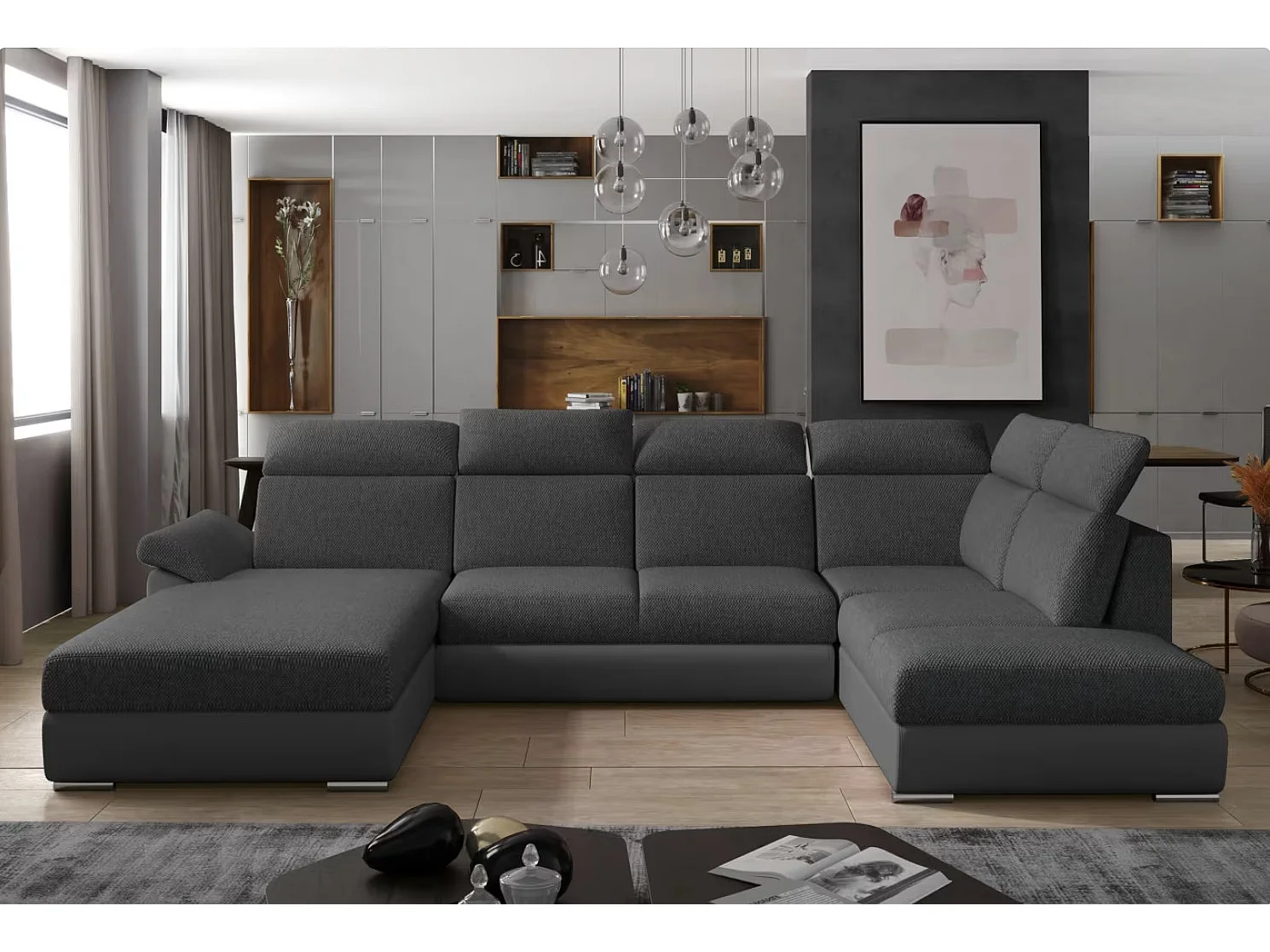 Canapé Convertible Panoramique LEVANO Tissu et Simili Cuir, Têtières-Gris/Gris chiné-Coffre à gauche