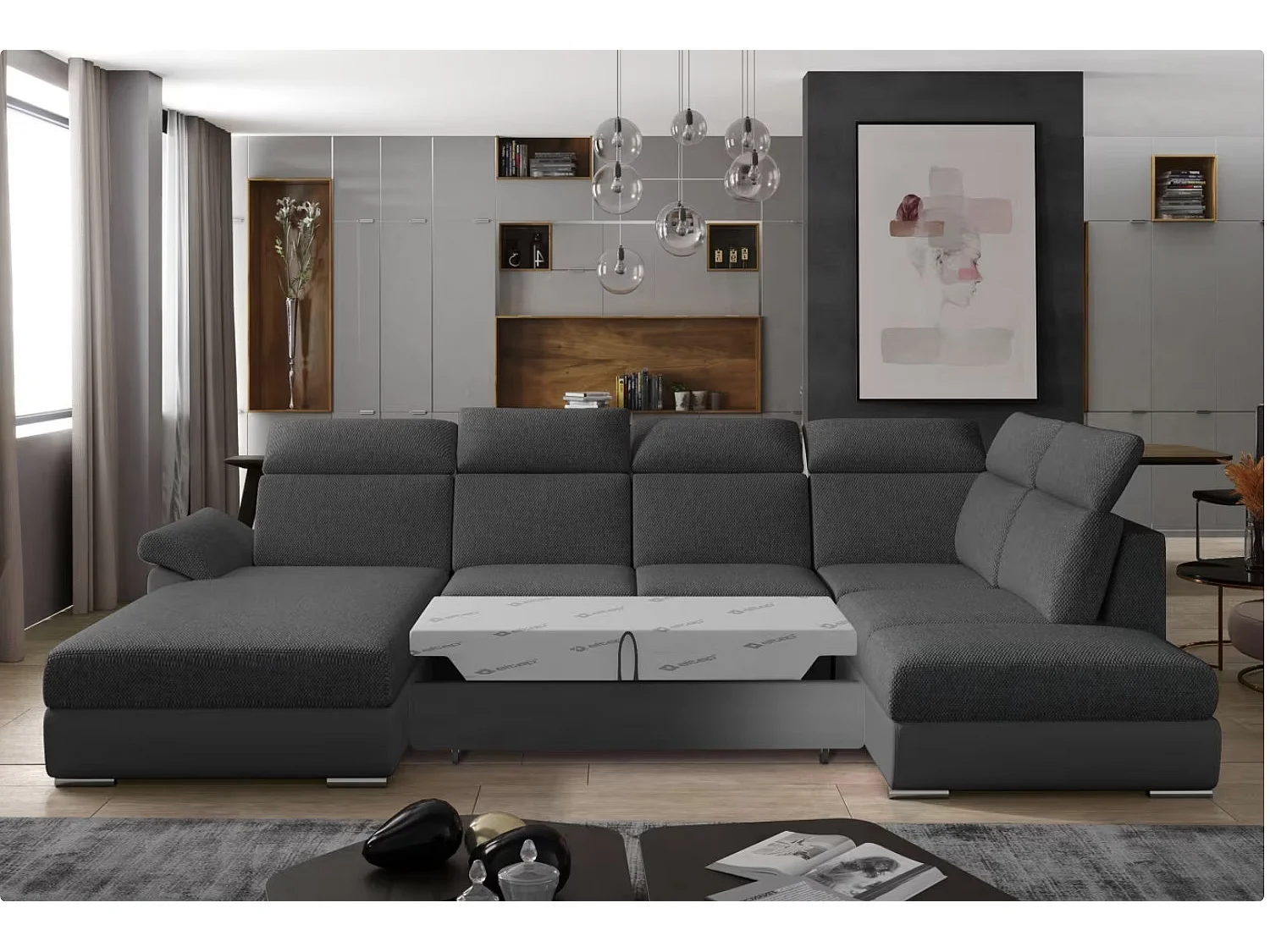 Canapé Convertible Panoramique LEVANO Tissu et Simili Cuir, Têtières-Gris/Gris chiné-Coffre à gauche