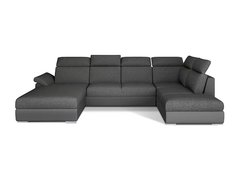 Canapé Convertible Panoramique LEVANO Tissu et Simili Cuir, Têtières-Gris/Gris chiné-Coffre à gauche