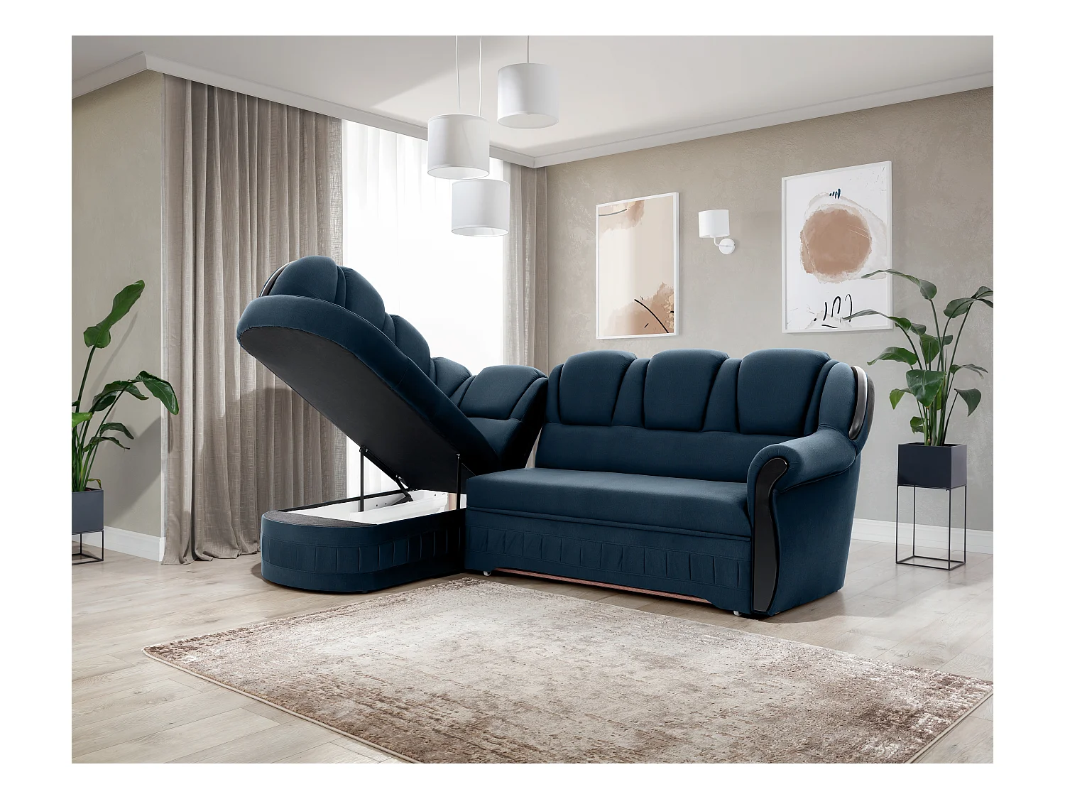 Canapé d'angle convertible avec rangement en velours Majesté-Bleu foncé-angle gauche