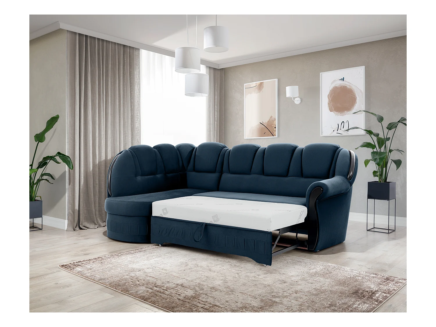 Canapé d'angle convertible avec rangement en velours Majesté-Bleu foncé-angle gauche