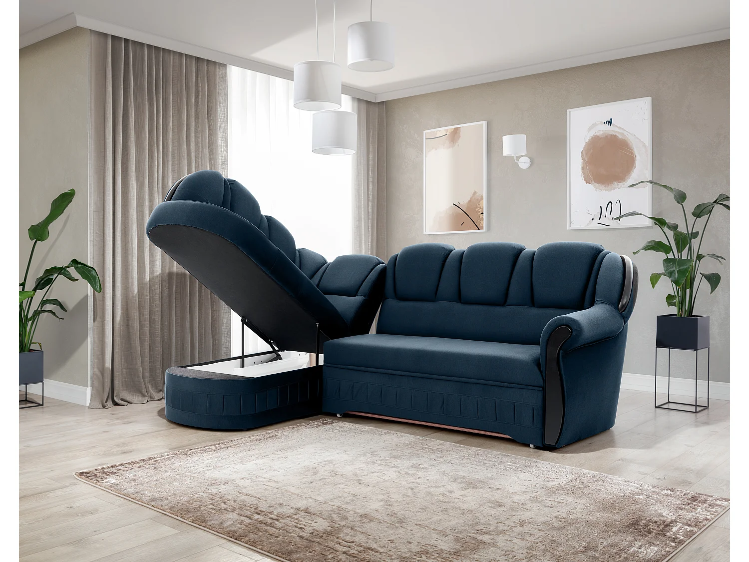 Canapé d'angle convertible avec rangement en velours Majesté-Bleu foncé-angle gauche