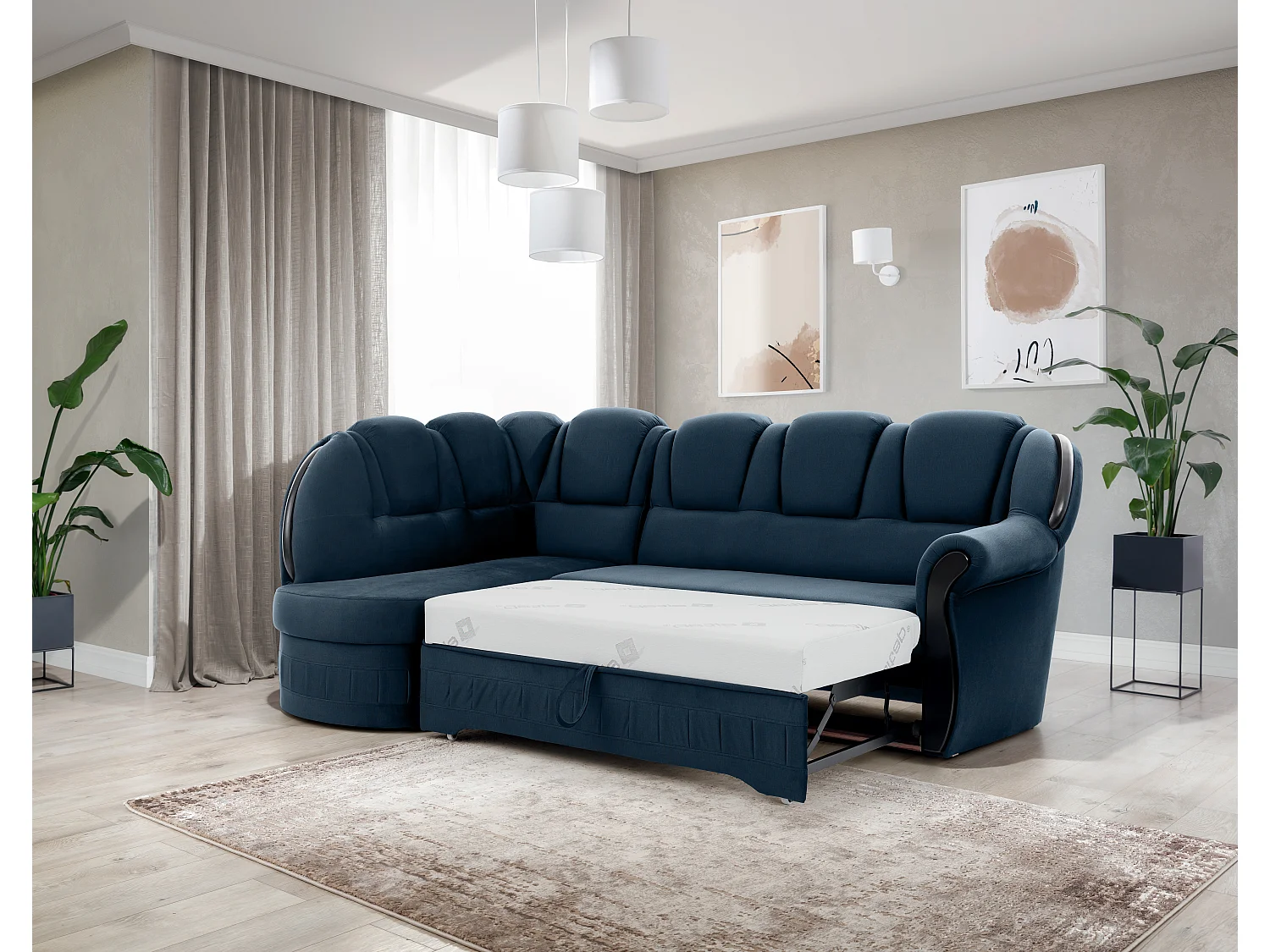 Canapé d'angle convertible avec rangement en velours Majesté-Bleu foncé-angle gauche