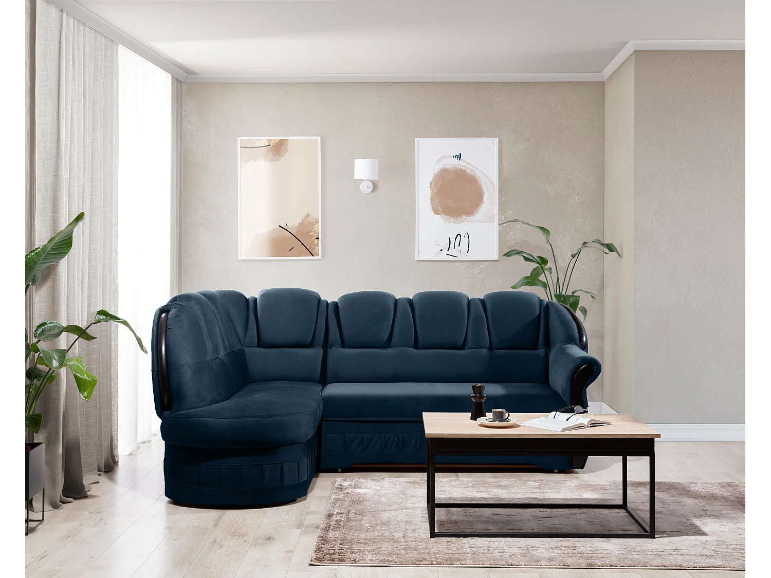 Canapé d'angle convertible avec rangement en velours Majesté-Bleu foncé-angle gauche