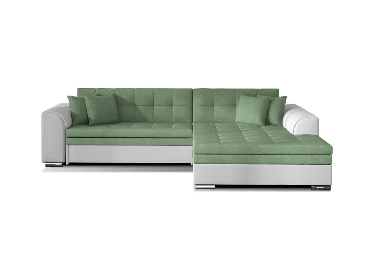 Canapé d'angle convertible tissu et simili LOOKA - Pieds métal chromé-Blanc/Vert clair-angle droit