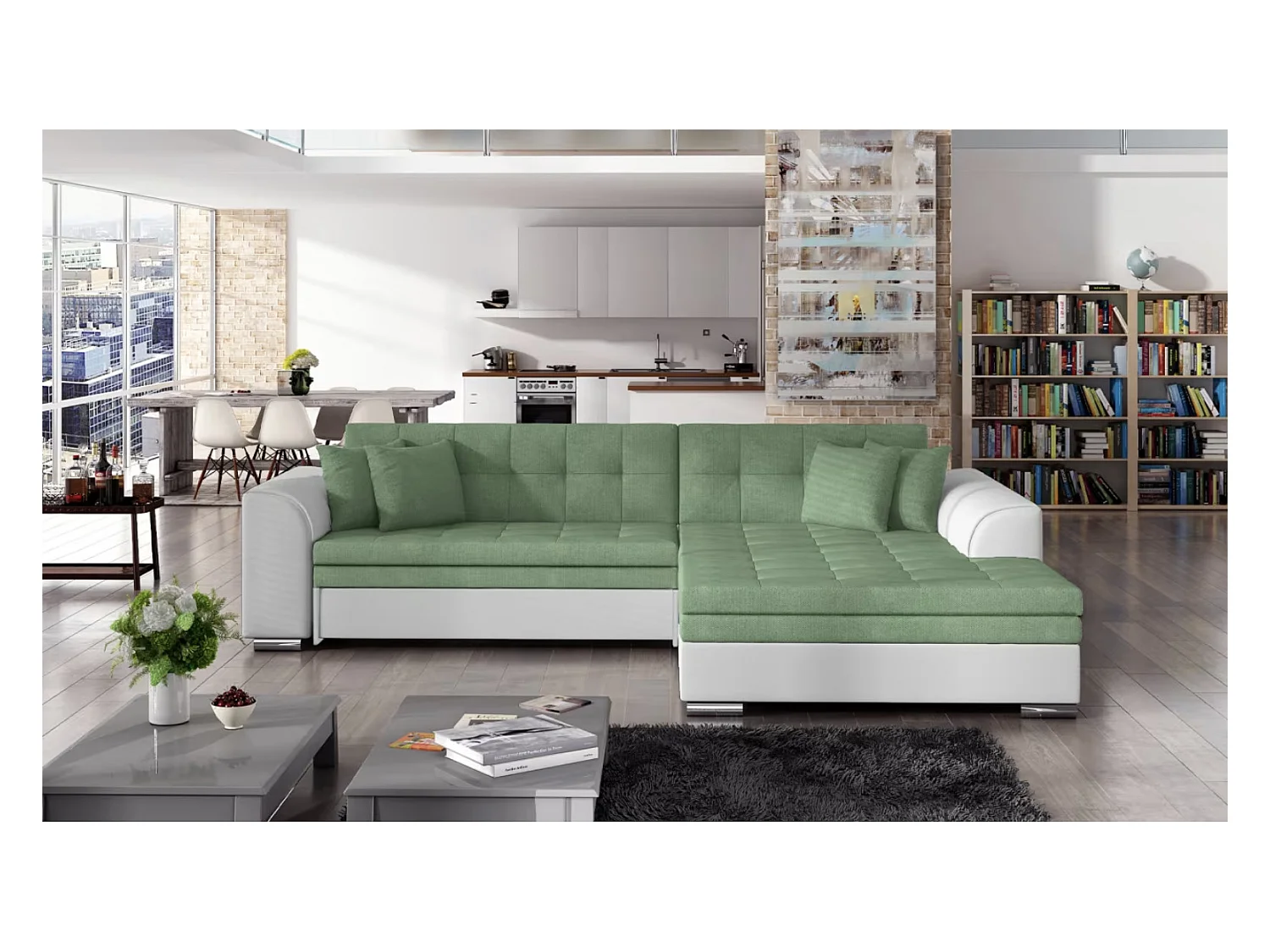 Canapé d'angle convertible tissu et simili LOOKA - Pieds métal chromé-Blanc/Vert clair-angle droit