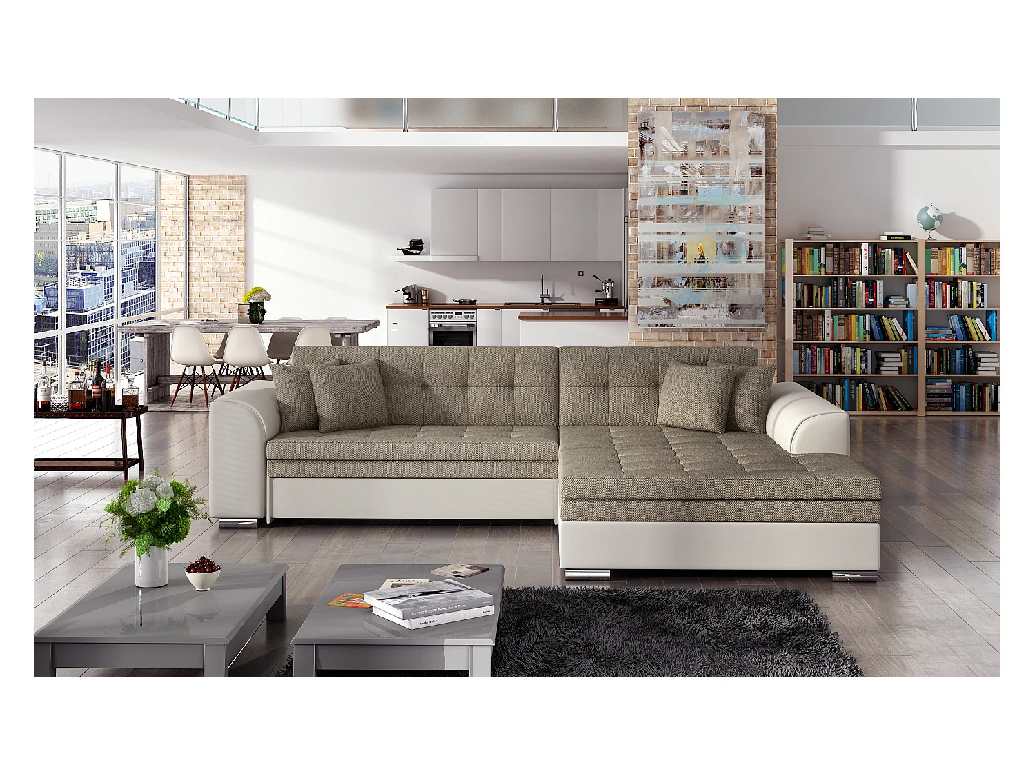 Canapé d'angle convertible tissu et simili LOOKA - Pieds métal chromé-Blanc/Vert clair-angle droit