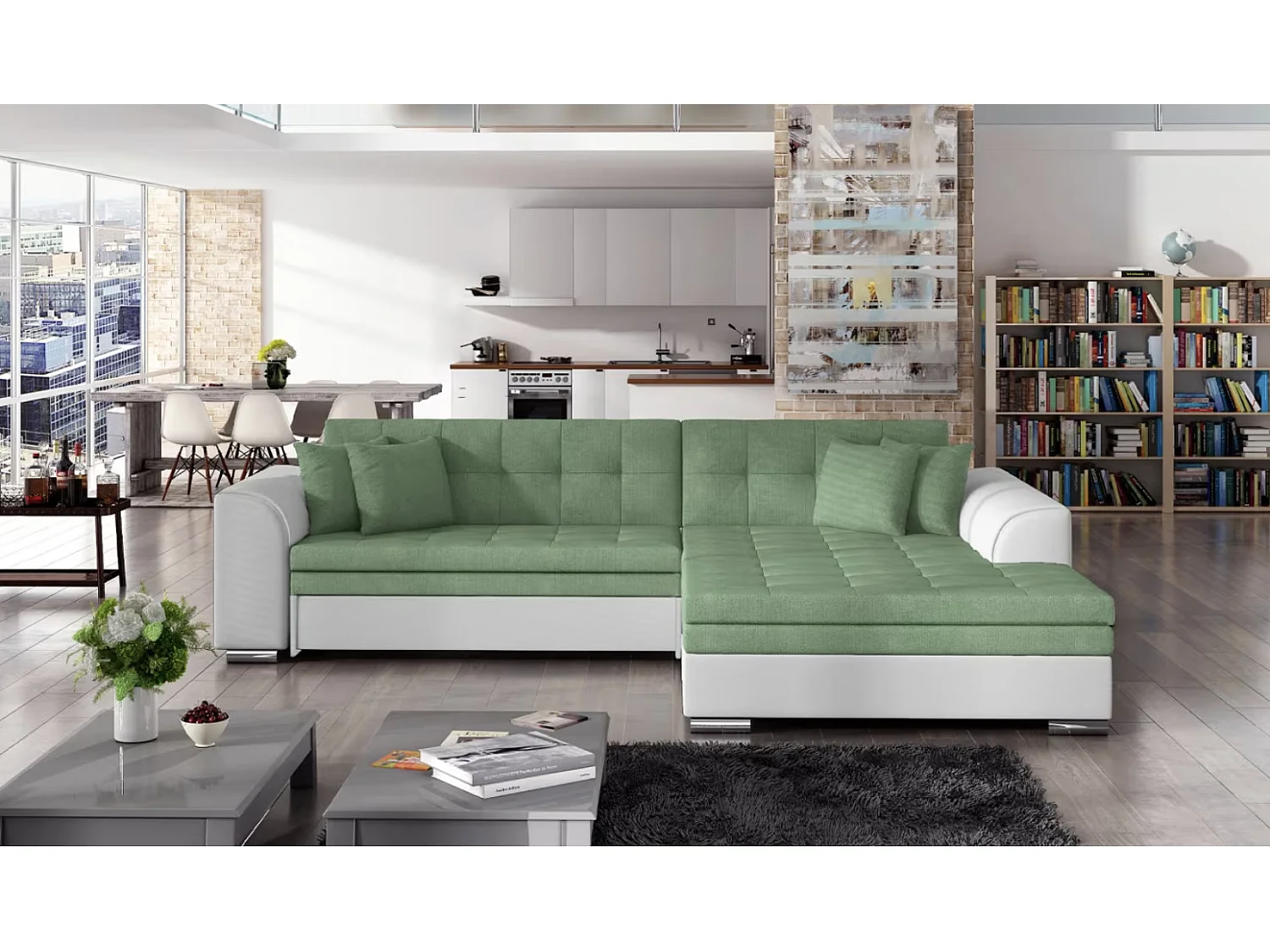 Canapé d'angle convertible tissu et simili LOOKA - Pieds métal chromé-Blanc/Vert clair-angle droit