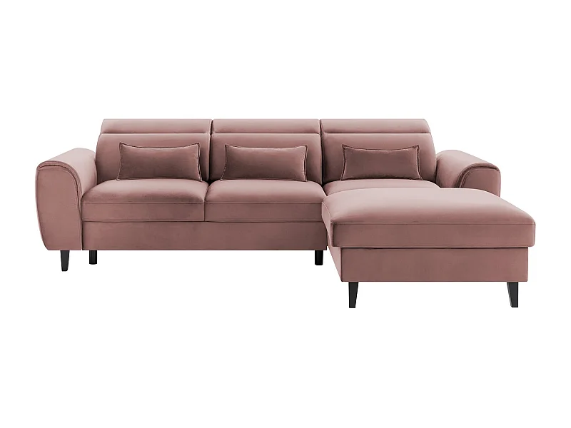 Canapé d'angle convertible velours appuis-tête réglables ASTORIA - Coffre et pieds bois noir-Rose clair-angle droit