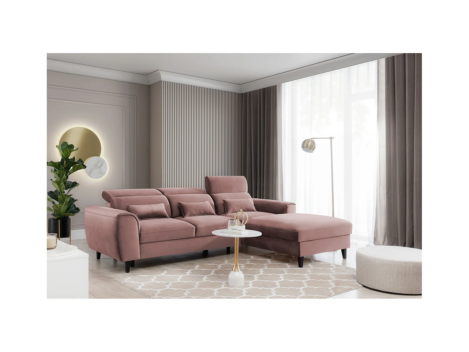 Canapé d'angle convertible velours appuis-tête réglables ASTORIA - Coffre et pieds bois noir-Rose clair-angle droit