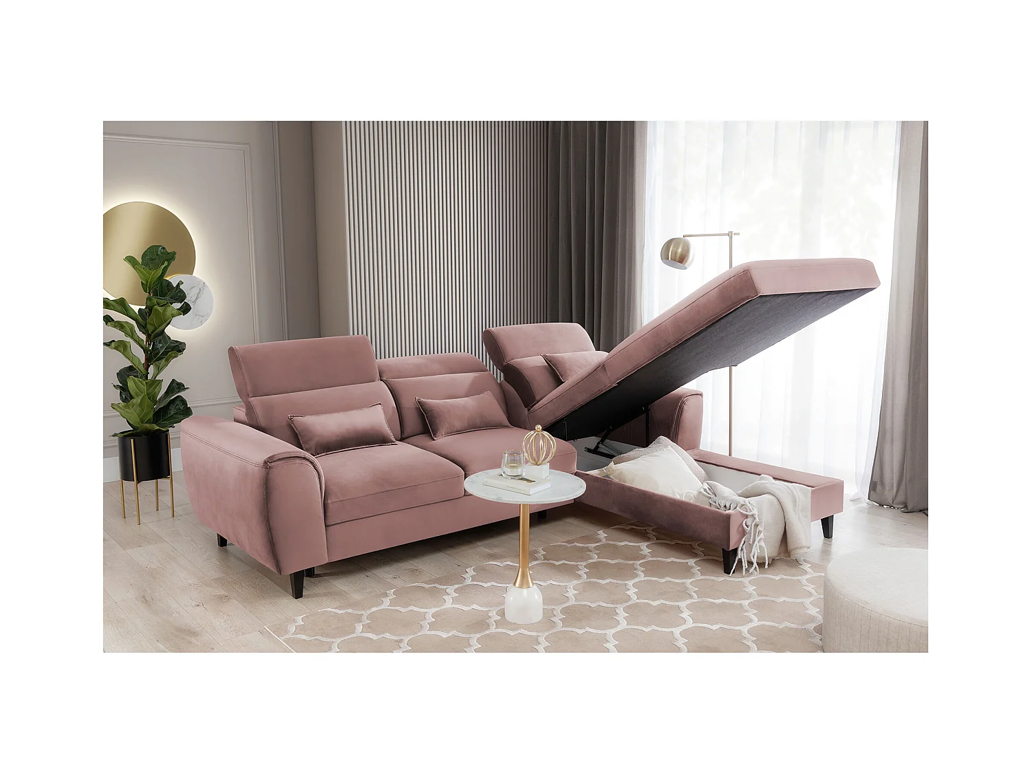 Canapé d'angle convertible velours appuis-tête réglables ASTORIA - Coffre et pieds bois noir-Rose clair-angle droit