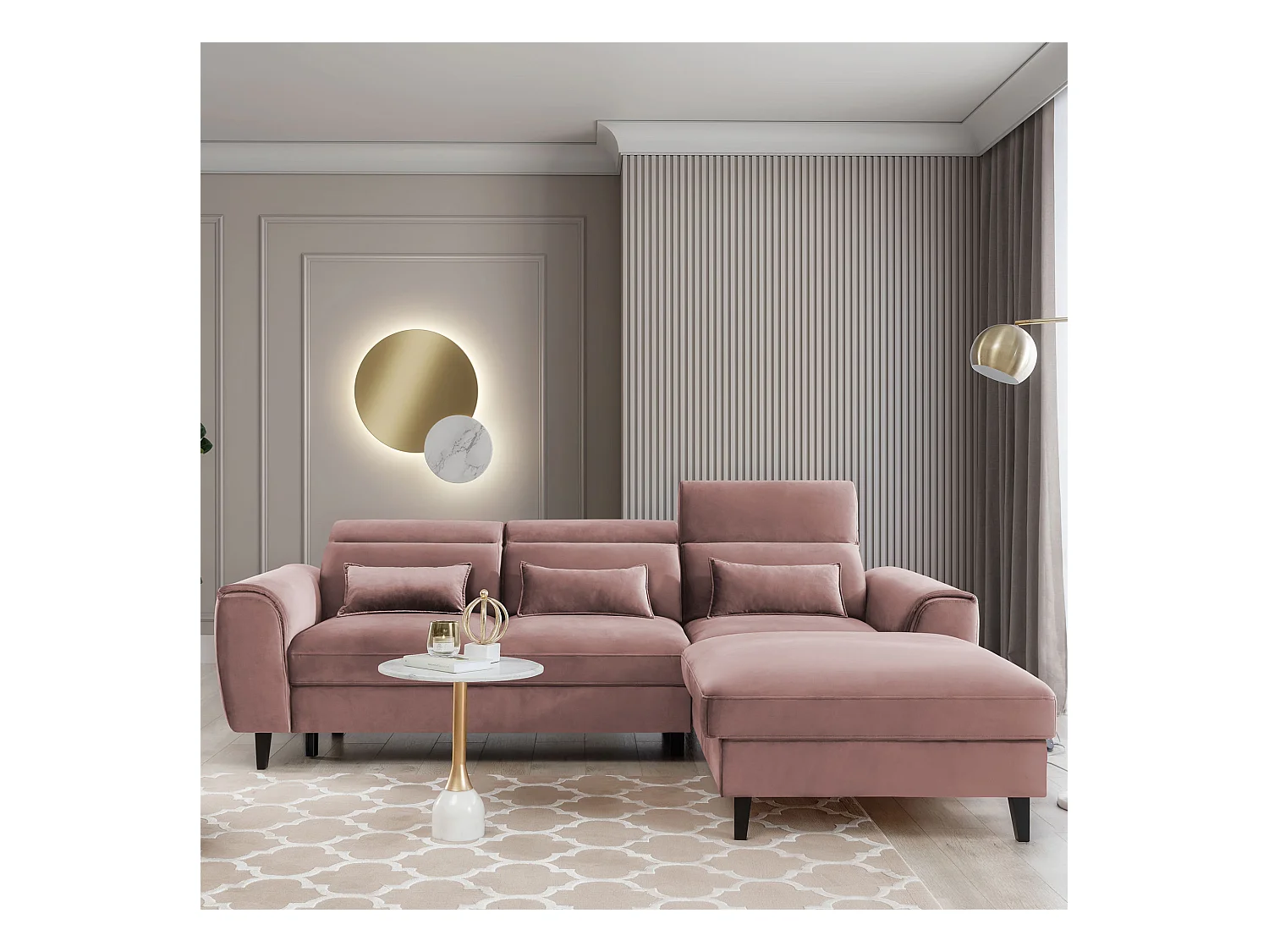 Canapé d'angle convertible velours appuis-tête réglables ASTORIA - Coffre et pieds bois noir-Rose clair-angle droit