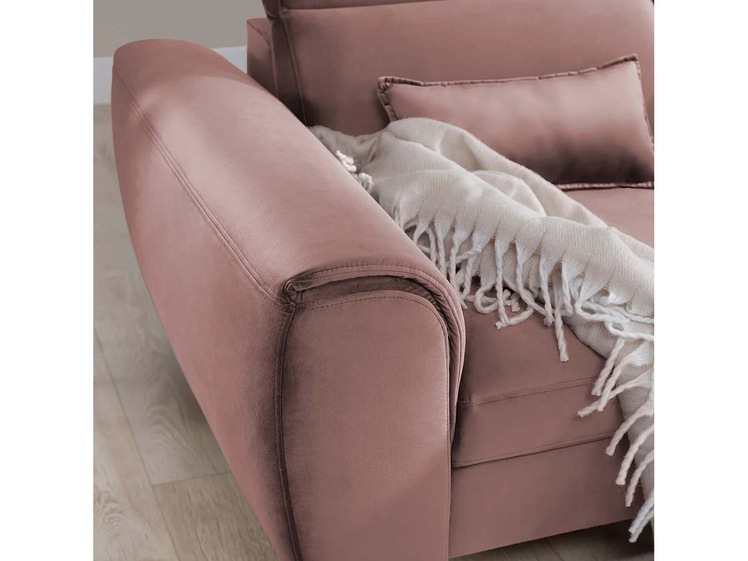 Canapé d'angle convertible velours appuis-tête réglables ASTORIA - Coffre et pieds bois noir-Rose clair-angle droit