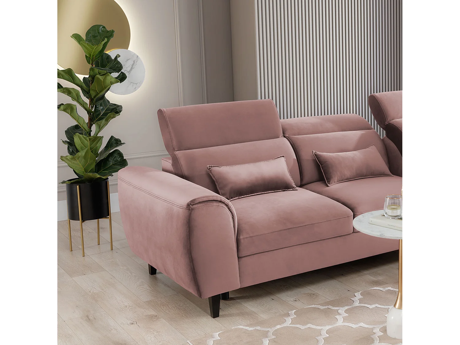 Canapé d'angle convertible velours appuis-tête réglables ASTORIA - Coffre et pieds bois noir-Rose clair-angle droit