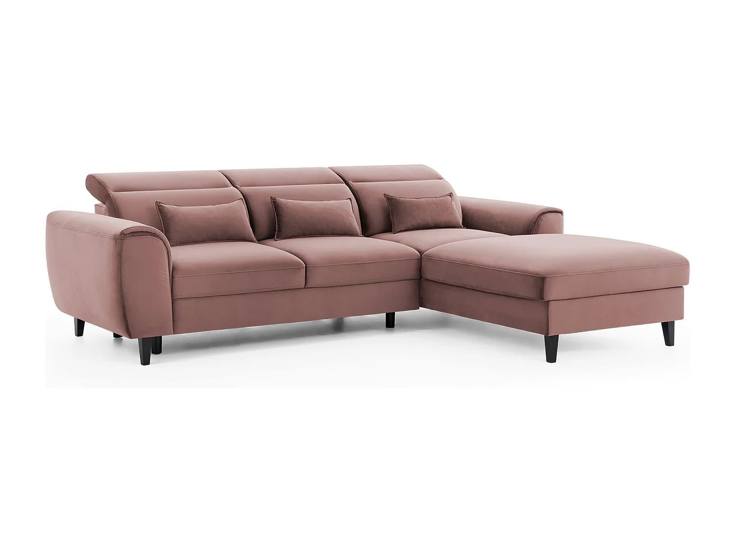 Canapé d'angle convertible velours appuis-tête réglables ASTORIA - Coffre et pieds bois noir-Rose clair-angle droit