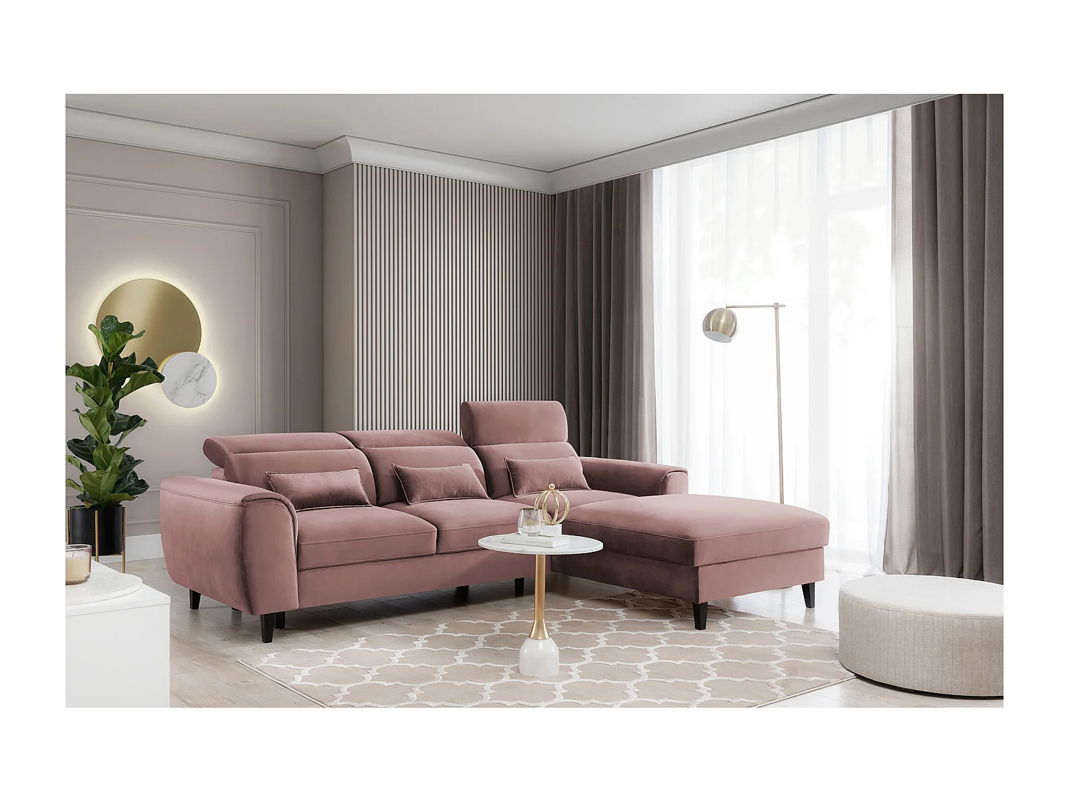 ASTORIA converteerbare fluwelen hoekbank met verstelbare hoofdsteunen - Zwarte houten kist en poten-Kleur Lichtroze-juiste hoek