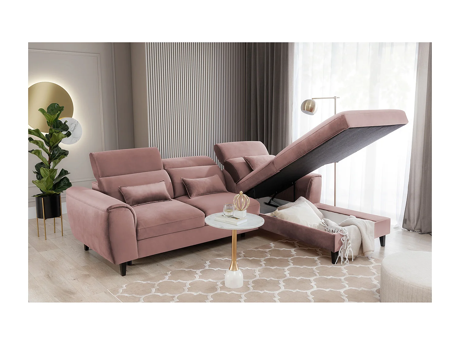 ASTORIA converteerbare fluwelen hoekbank met verstelbare hoofdsteunen - Zwarte houten kist en poten-Kleur Lichtroze-juiste hoek