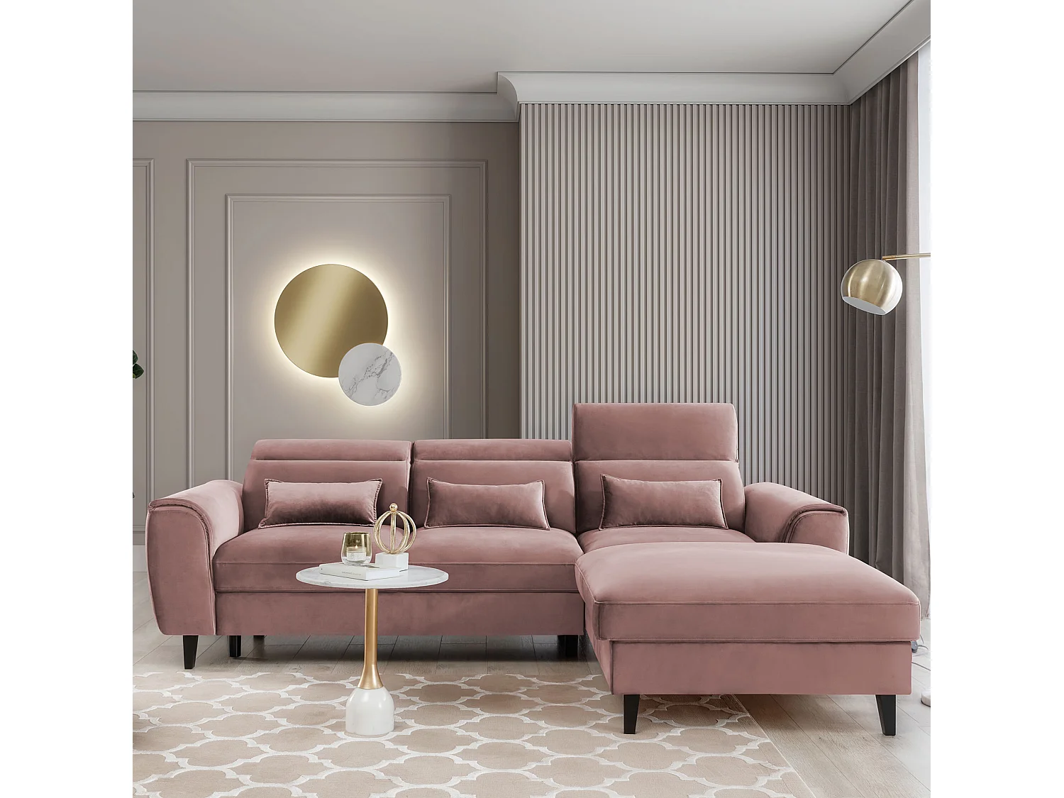 ASTORIA converteerbare fluwelen hoekbank met verstelbare hoofdsteunen - Zwarte houten kist en poten-Kleur Lichtroze-juiste hoek