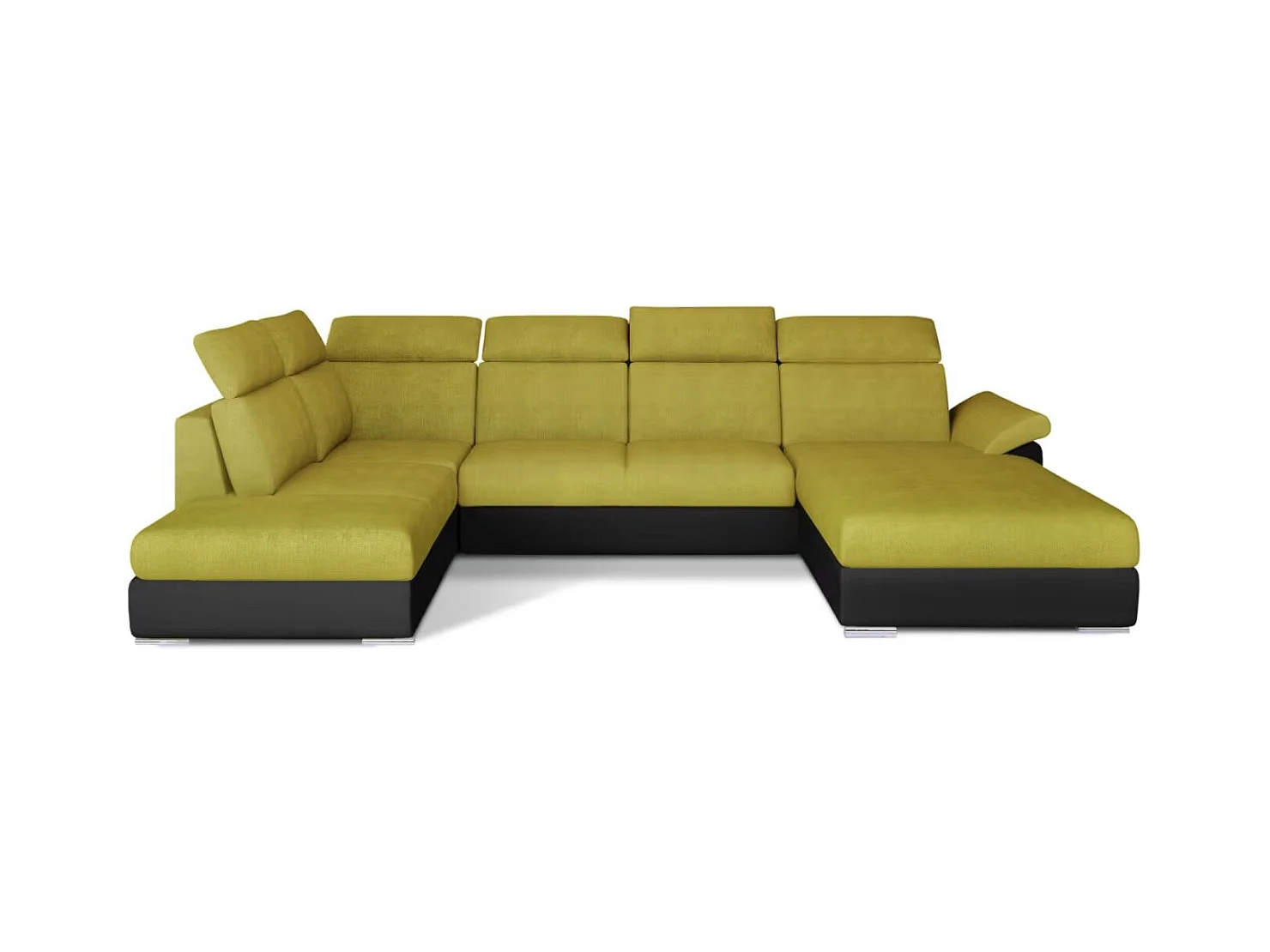 Canapé Convertible Panoramique LEVANO Tissu et Simili Cuir, Têtières-Noir/Jaune olive-Coffre à droite