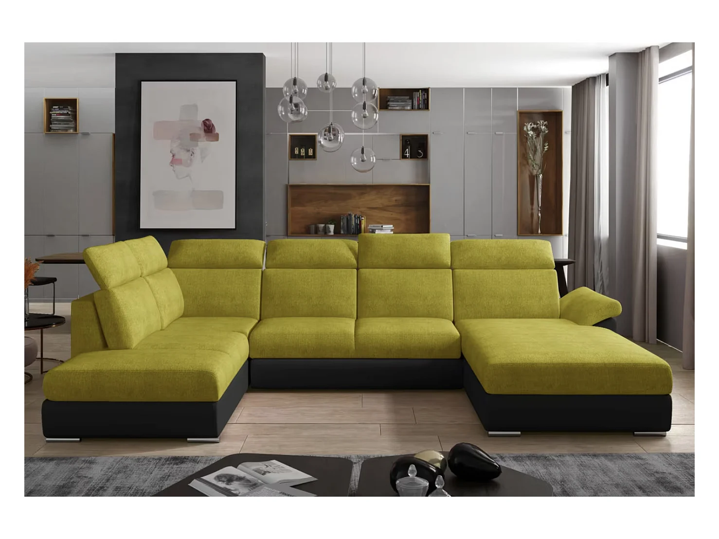 Canapé Convertible Panoramique LEVANO Tissu et Simili Cuir, Têtières-Noir/Jaune olive-Coffre à droite