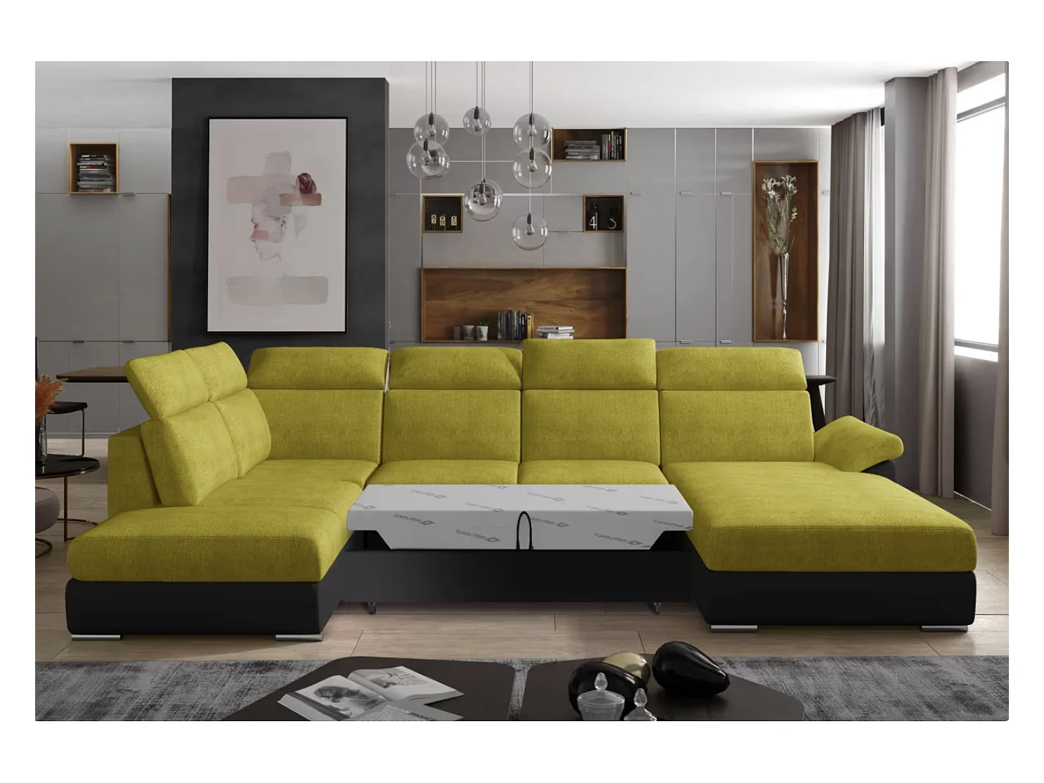 Canapé Convertible Panoramique LEVANO Tissu et Simili Cuir, Têtières-Noir/Jaune olive-Coffre à droite